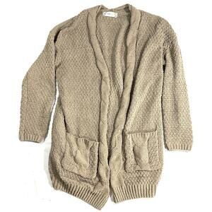 Pink Rose Beige Cable Knit Cardigan Sweater Small Open Front Longline Pockets